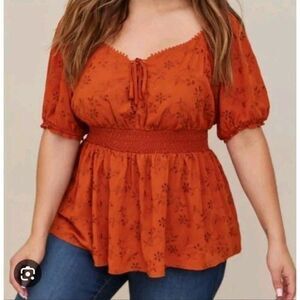 Torrid Shirt Womens Size 2X Georgette Eyelet Smocked Puff Sleeve Burnt Orange